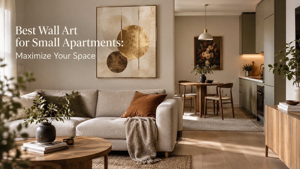 Modern small apartment interior with a large gold abstract wall art piece above a neutral sofa, connected to a cozy dining area and compact kitchen. The warm, minimalist space demonstrates how wall art can maximize style in a small apartment