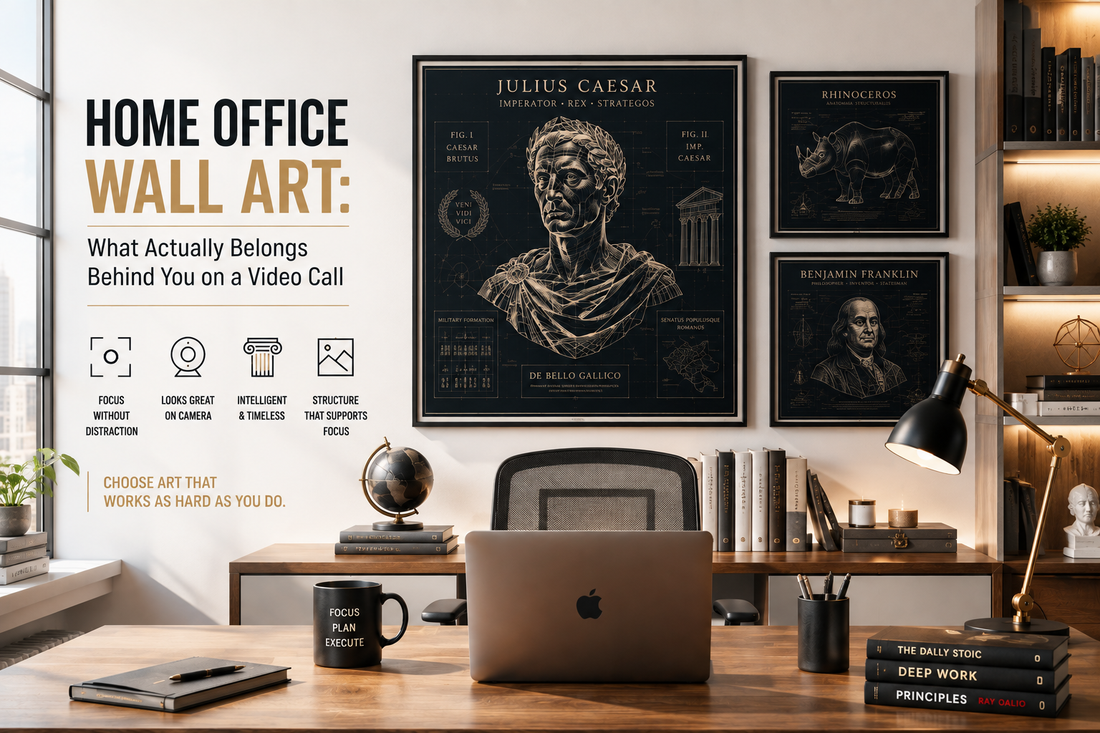 Modern home office with dark academia wall art, blueprint-style Julius Caesar, rhinoceros and Benjamin Franklin prints behind a desk, ideal for video call background.