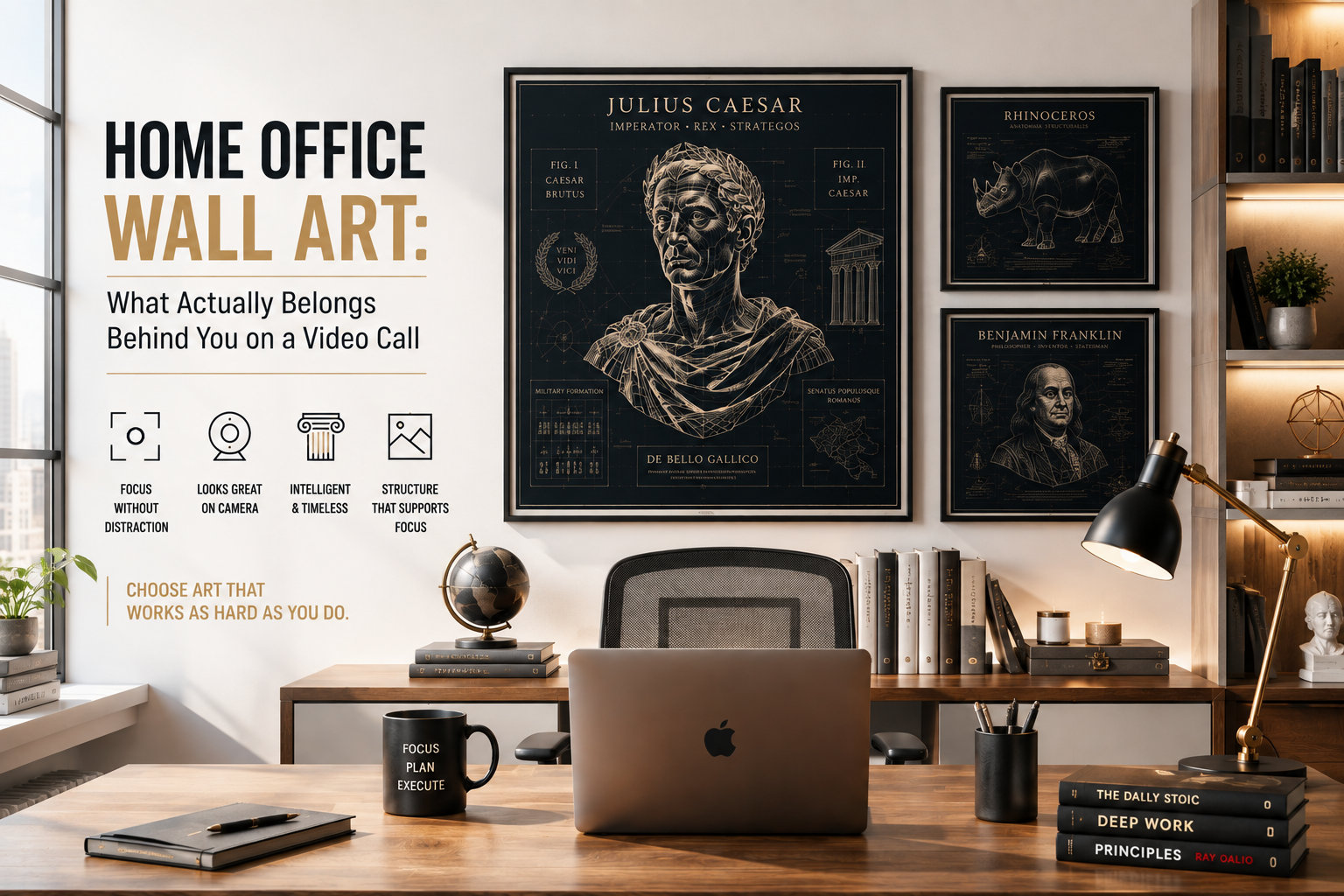 Modern home office with dark academia wall art, blueprint-style Julius Caesar, rhinoceros and Benjamin Franklin prints behind a desk, ideal for video call background.