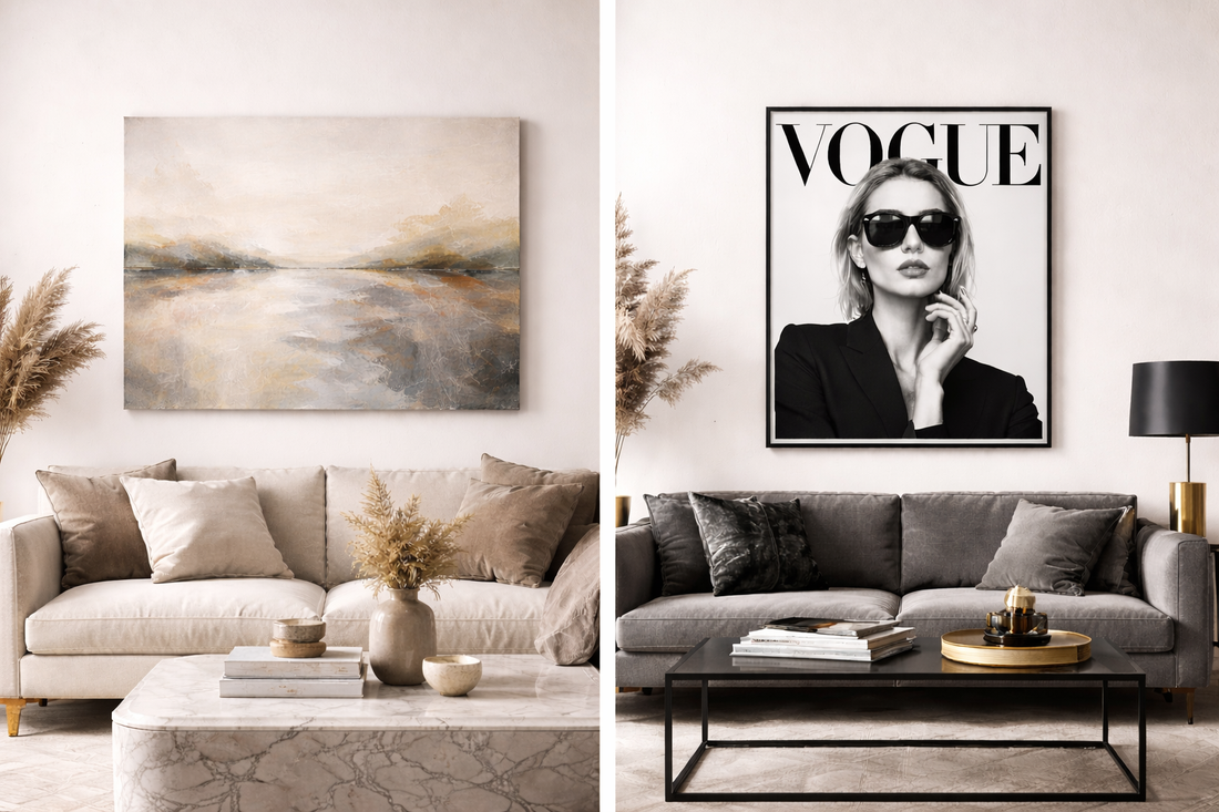 Canvas vs poster wall art comparison in modern interior design with neutral and bold living room styles