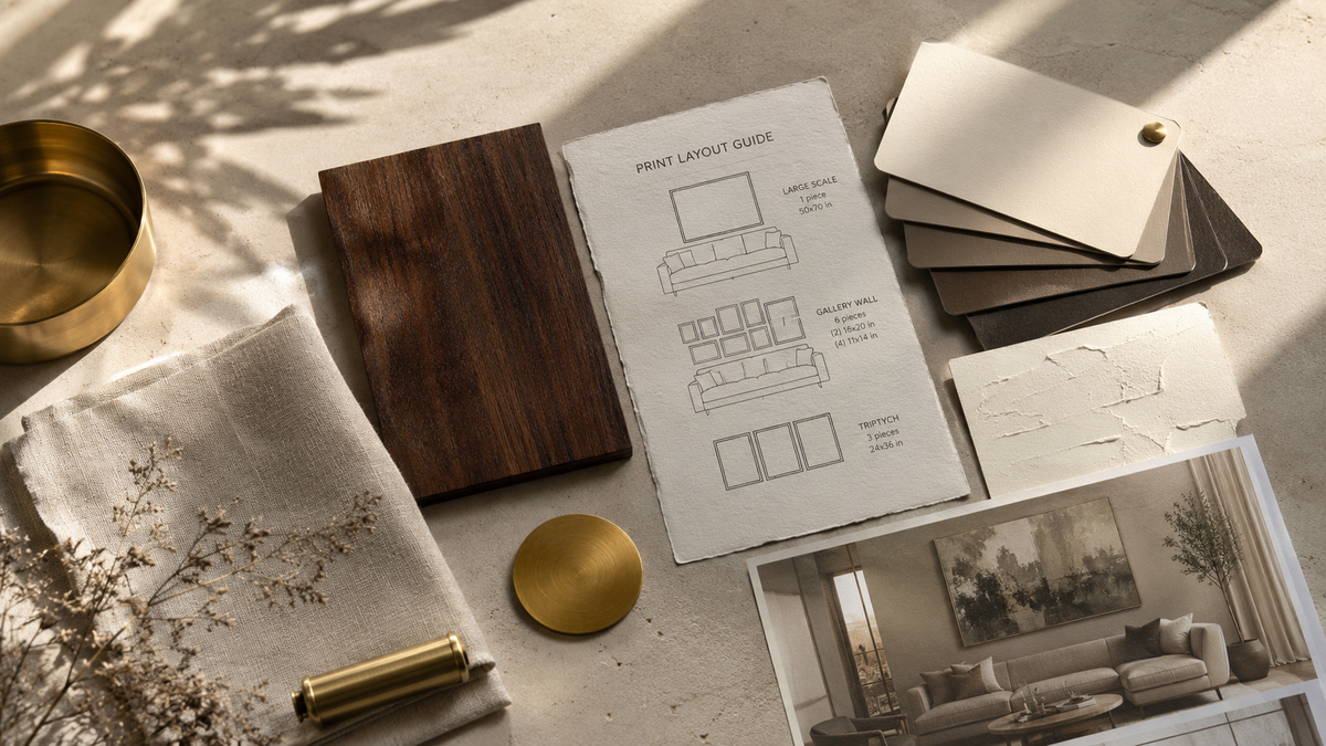 A mood board on a wooden table featuring interior design sketches, color palettes, fabric swatches, and brass decor accents.