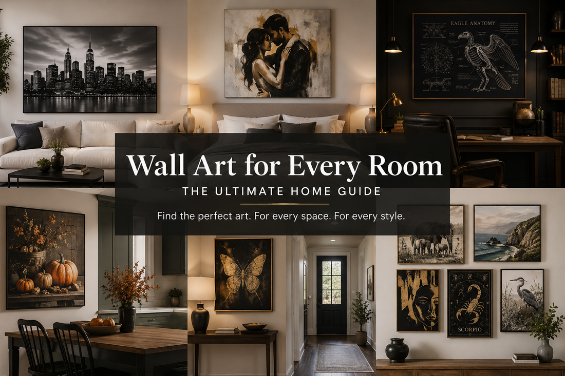 Modern home interiors featuring carefully selected wall art for the living room, bedroom, home office, kitchen, and hallway, showcasing different decorating styles.