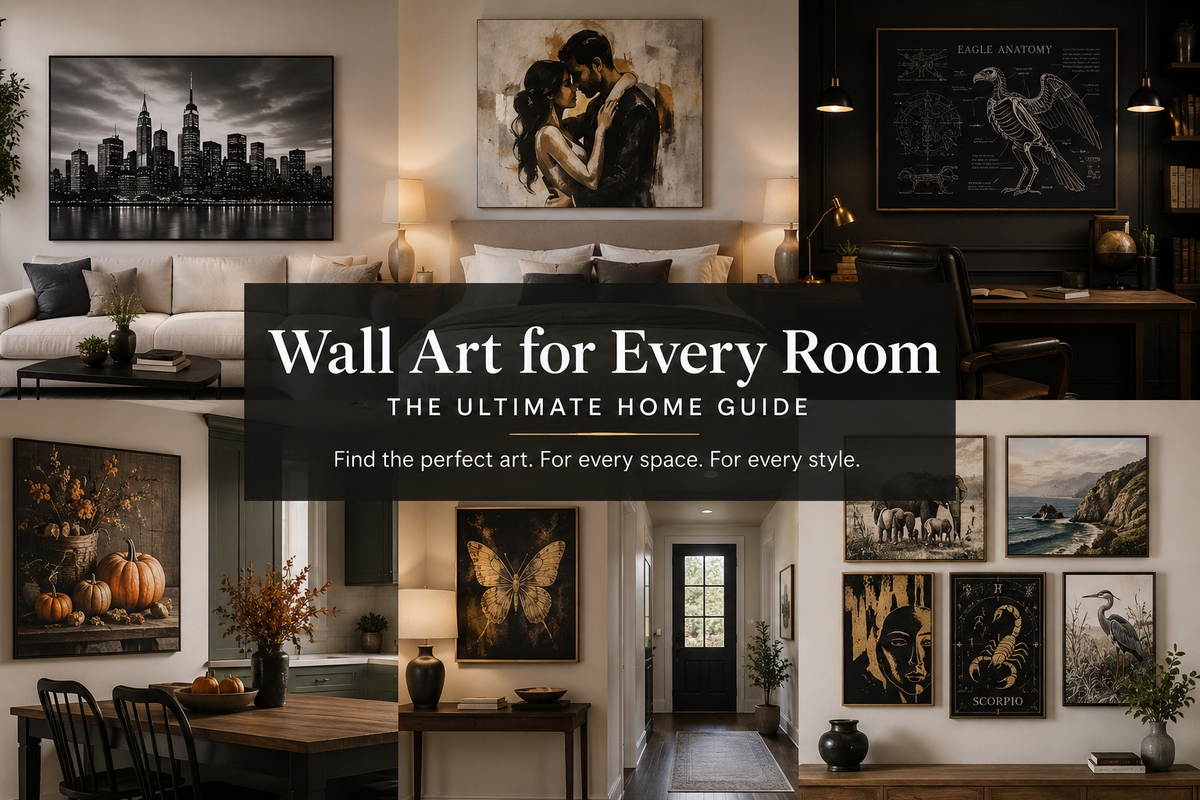 Modern home interiors featuring carefully selected wall art for the living room, bedroom, home office, kitchen, and hallway, showcasing different decorating styles.