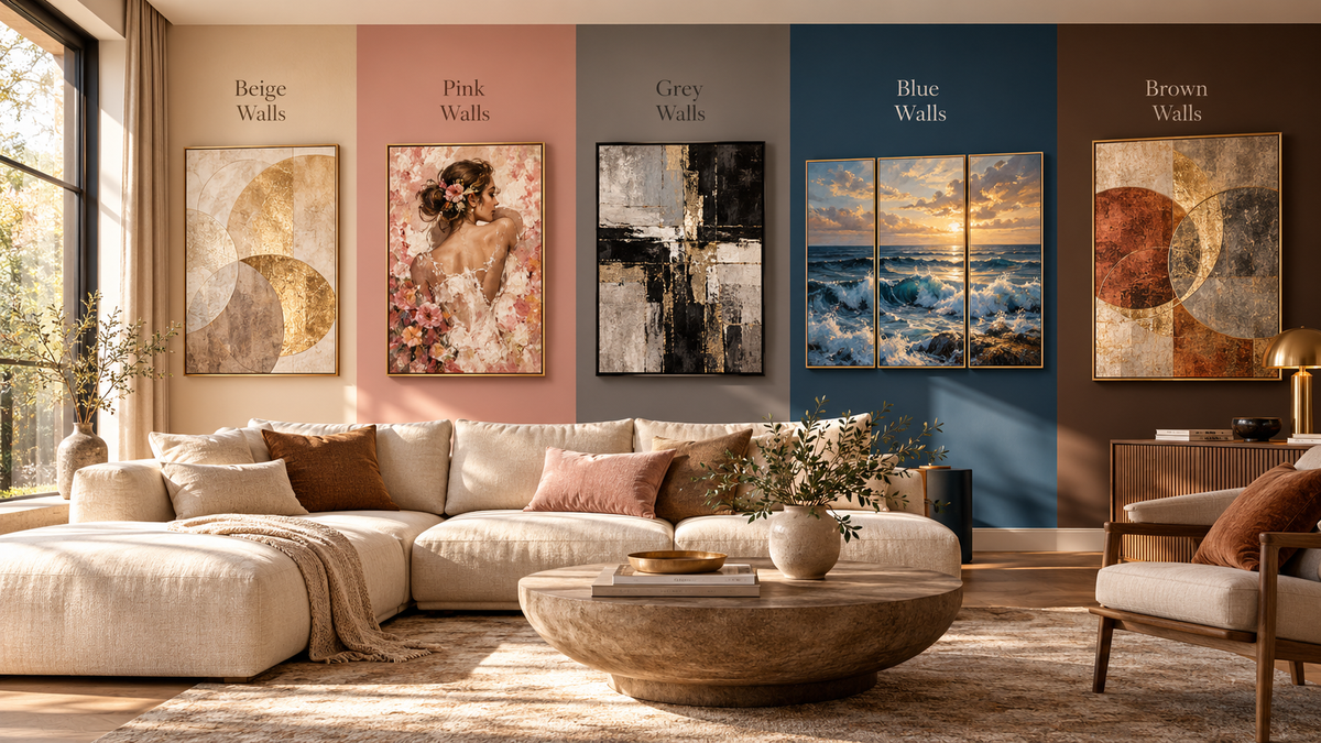 Wide interior design infographic showing how to choose wall art colors for different rooms, featuring beige, pink, grey, blue, and brown walls with coordinated framed artwork, color palettes, and a practical wall art color matching checklist.