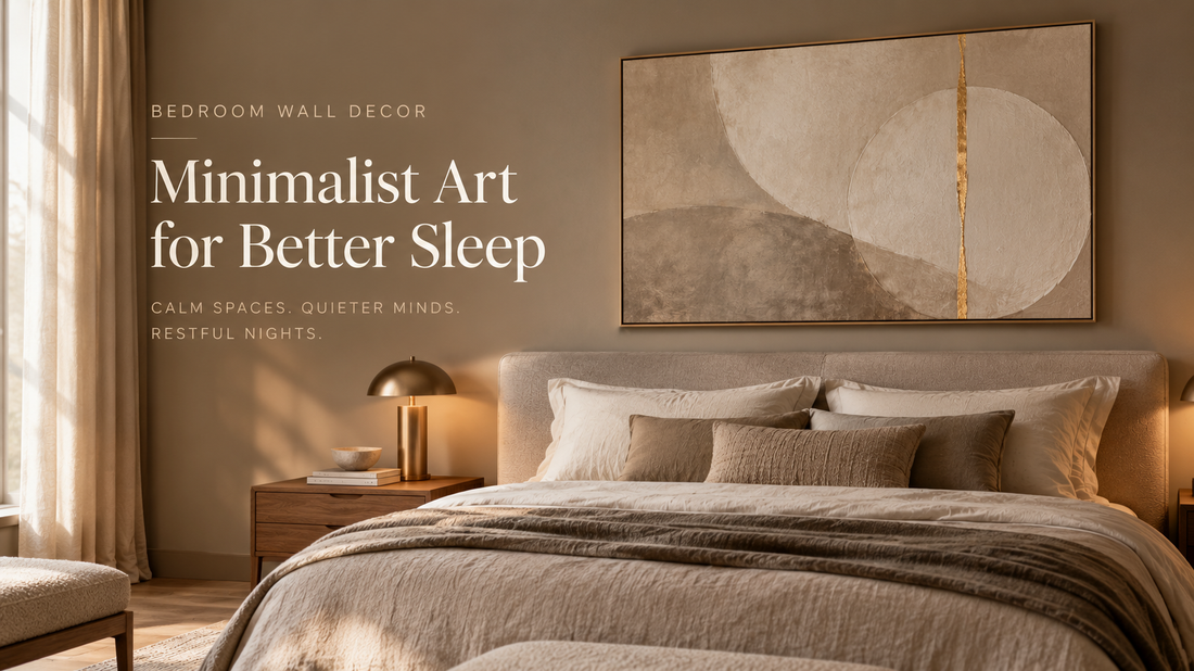 Minimalist beige bedroom with a framed abstract artwork above the bed, warm lighting, neutral linen bedding, and elegant wood furniture, featuring the headline “Bedroom Wall Decor: Minimalist Art for Better Sleep