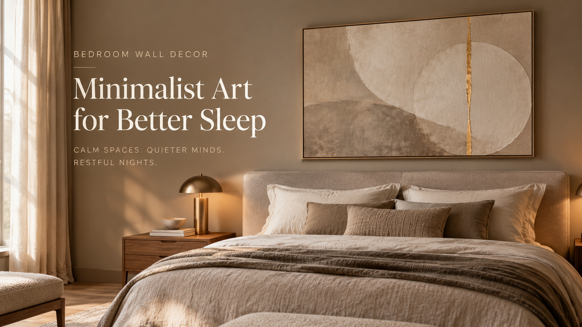 Minimalist beige bedroom with a framed abstract artwork above the bed, warm lighting, neutral linen bedding, and elegant wood furniture, featuring the headline “Bedroom Wall Decor: Minimalist Art for Better Sleep