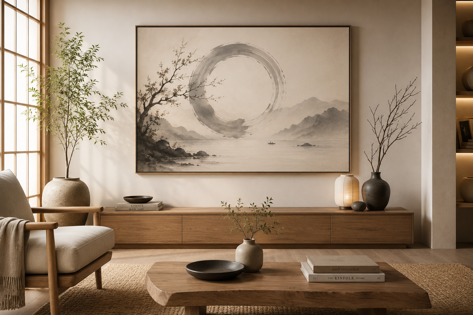 Minimalist Japandi living room with a large Zen-inspired landscape wall art print above a natural wood console, featuring neutral tones, soft lighting, organic textures, and Scandinavian-Japanese interior design.