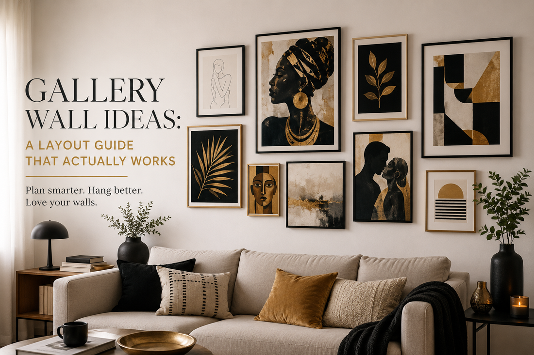 **Alt text:** Gallery wall ideas in a warm neutral living room, featuring a curated arrangement of framed abstract, botanical, and portrait artwork above a cream sofa with black and gold accents.