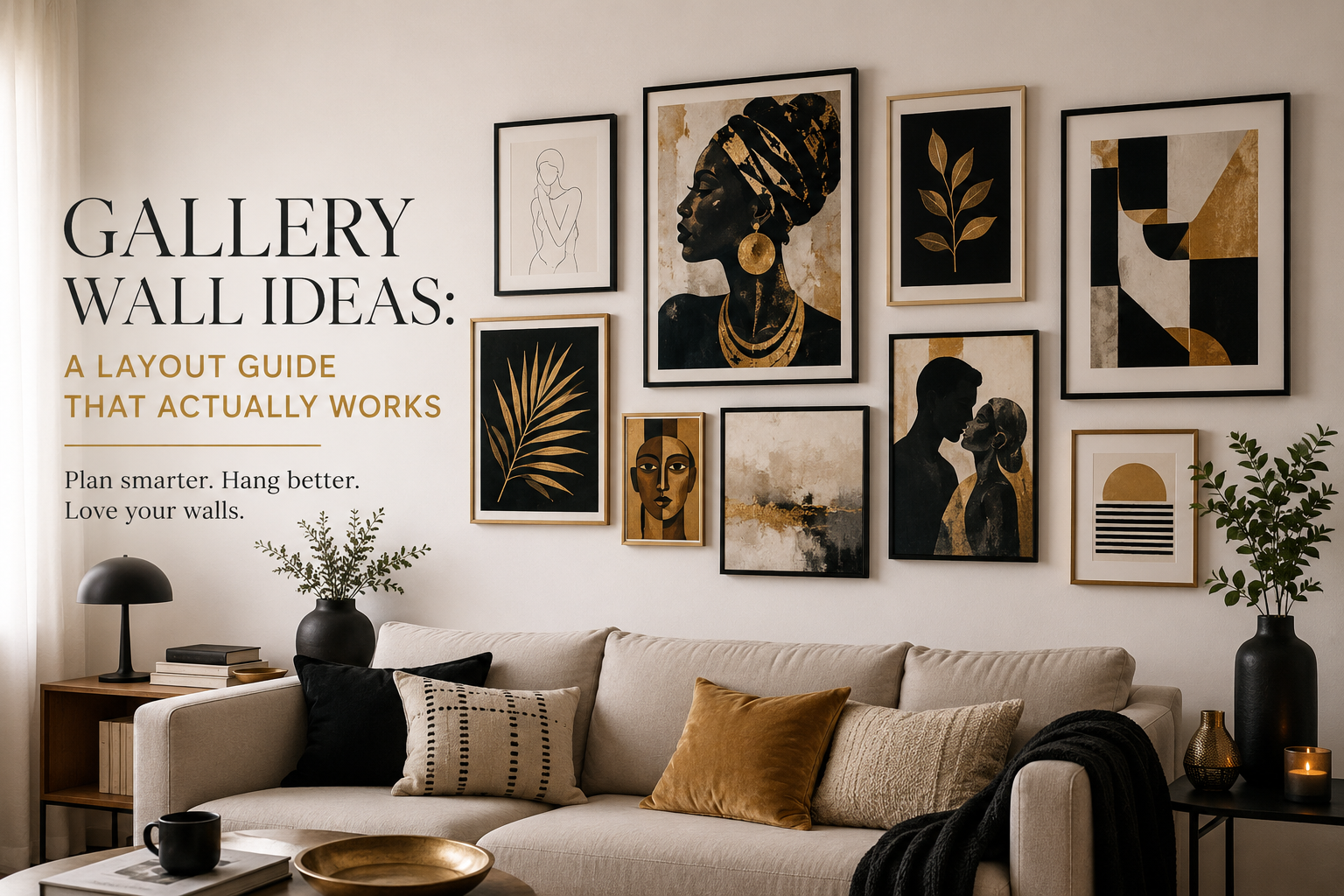 **Alt text:** Gallery wall ideas in a warm neutral living room, featuring a curated arrangement of framed abstract, botanical, and portrait artwork above a cream sofa with black and gold accents.