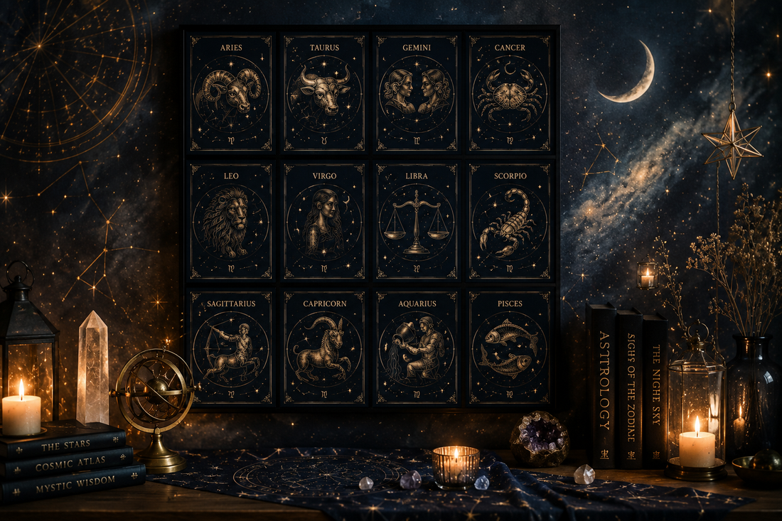 Zodiac wall art featuring all 12 astrological signs against a magical starry night backdrop with constellations, moonlight, candles, crystals, and celestial decor.