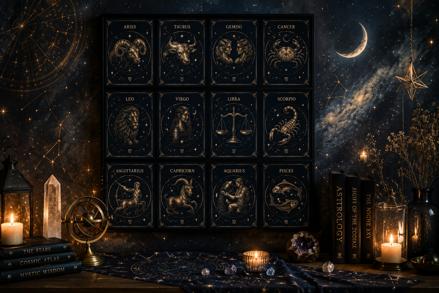 Zodiac wall art featuring all 12 astrological signs against a magical starry night backdrop with constellations, moonlight, candles, crystals, and celestial decor.