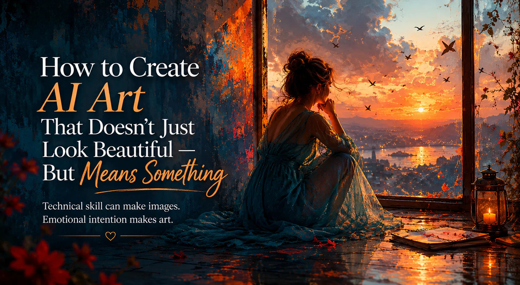 Emotional AI art concept featuring a thoughtful woman watching a sunset, illustrating how intention and storytelling create meaningful digital artwork