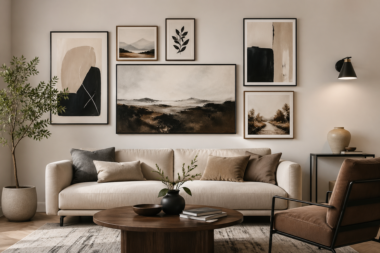 Modern living room interior with neutral tones, beige sofa, and stylish gallery wall featuring large and framed wall art above the couch