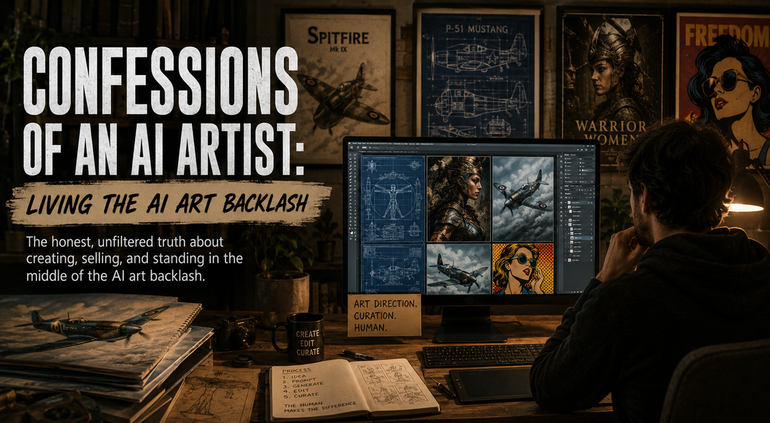 Thoughtful digital artist working in a modern studio surrounded by framed AI-generated wall art, editing artwork on a computer while reflecting on creativity, transparency, and the AI art debate.