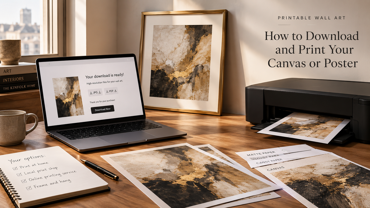 Printable wall art setup with a laptop, high-resolution digital download, home printer, printed artwork, paper samples, and framed canvas in a warm modern workspace.