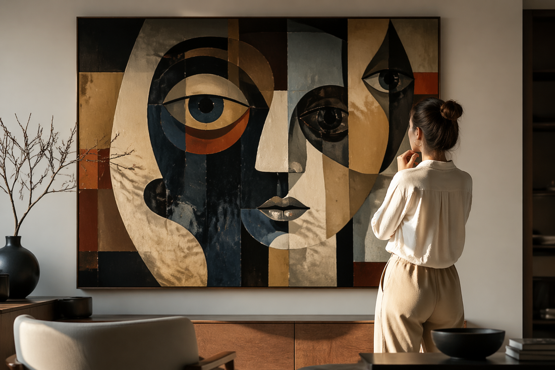 A woman stands in a modern living room, thoughtfully observing a large abstract painting featuring geometric shapes and stylized human faces in muted earthy tones.