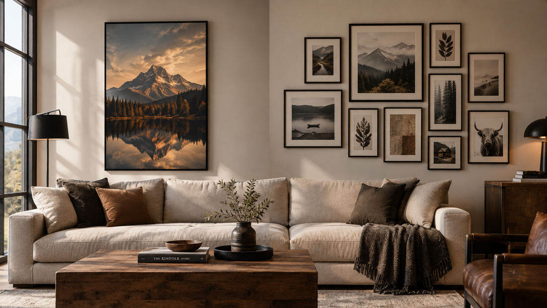 Large wall art vs. gallery wall in a cozy modern living room, featuring an oversized mountain landscape print above a beige sofa and a curated gallery wall of framed nature artwork in neutral tones.