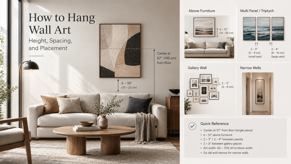 Modern living room with framed wall art and a visual guide showing the correct height, spacing, and placement of artwork above furniture, in triptychs, gallery walls, and narrow spaces.