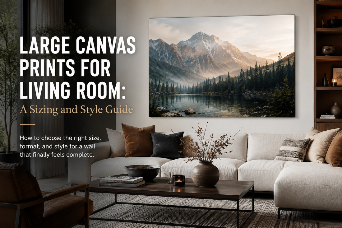 Modern neutral living room with a large mountain lake canvas print above a cream sofa, illustrating how oversized wall art can anchor a living room and create balanced visual scale.