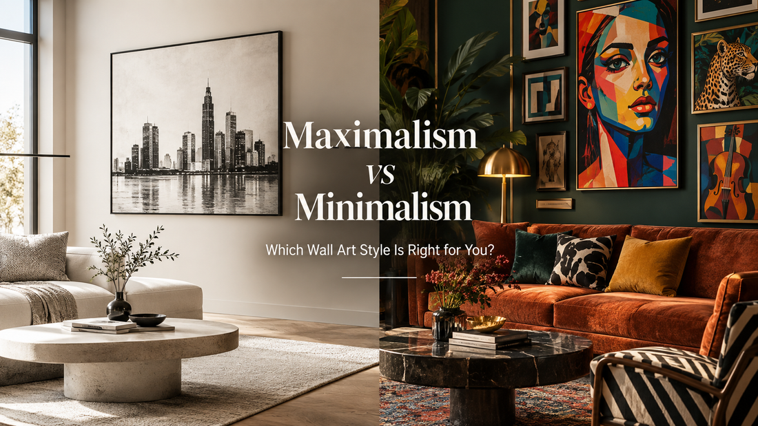 Minimalist and maximalist living rooms with contrasting wall art styles.