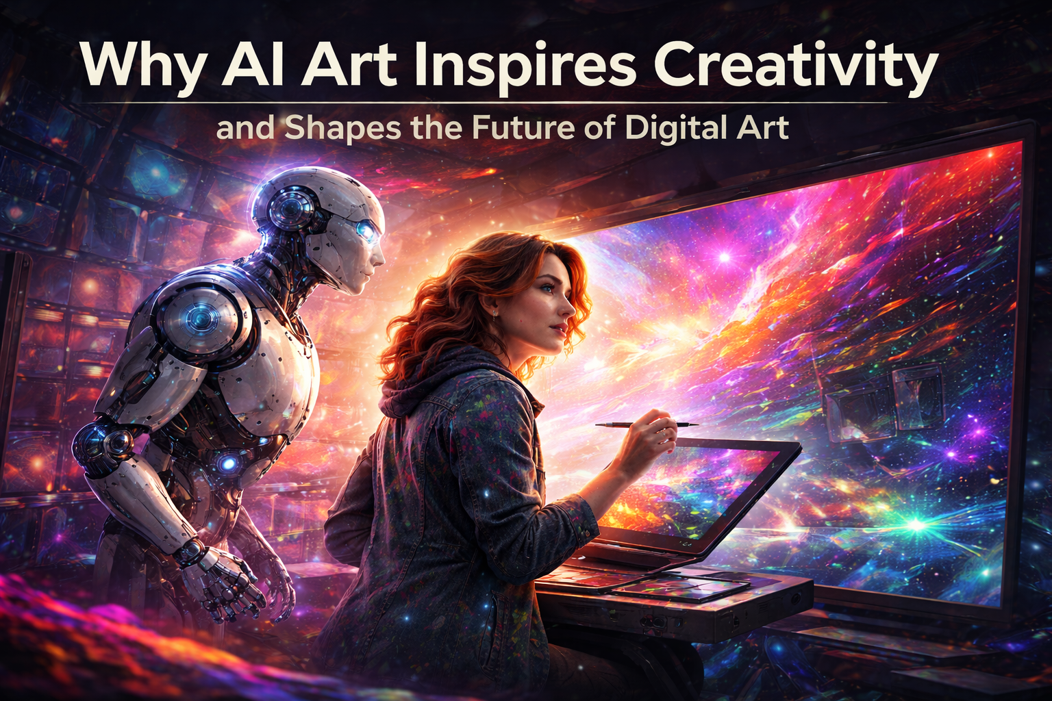 Artist creating digital artwork with AI robot in futuristic studio concept of AI art creativity