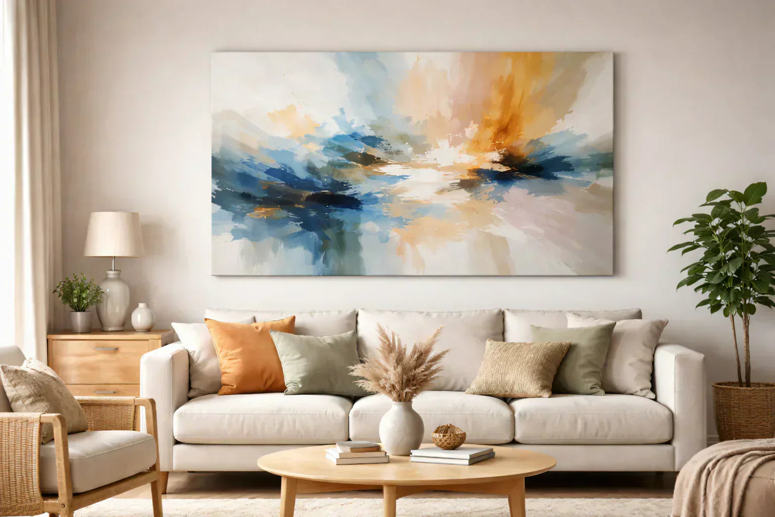 Modern living room with a large abstract canvas painting above a neutral sofa, demonstrating impactful wall art, color selection, and strategic placement to transform interior space.