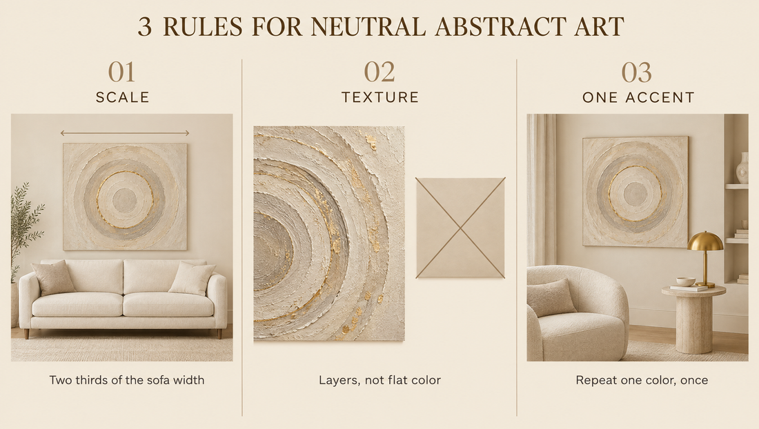 Infographic with three rules for styling neutral abstract wall art: scale, texture and one accent color