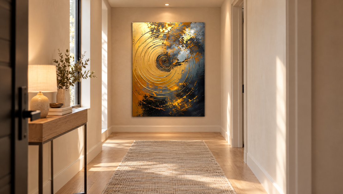 Narrow hallway with one large golden swirl canvas on the end wall, a slim console table and a warm lamp