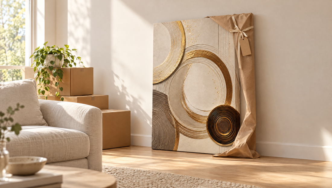 Gold and cream abstract canvas print wrapped as a housewarming gift, leaning against a bare wall in a new home with moving boxes