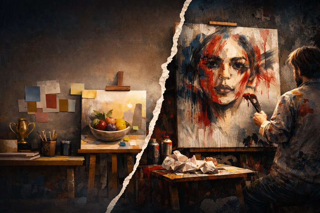 Split artist studio scene contrasting order and chaos: a clean still life setup on one side and an expressive, paint-splattered portrait in progress on the other, symbolizing the tension between safe and bold art.