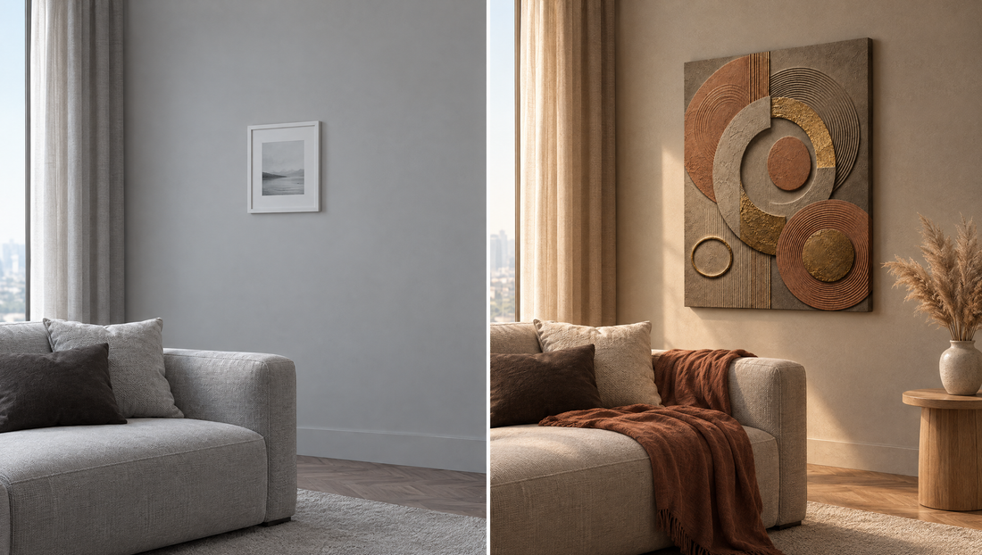 Before and after living room wall: cold empty grey wall on the left, warm terracotta, grey and gold circle canvas on the right