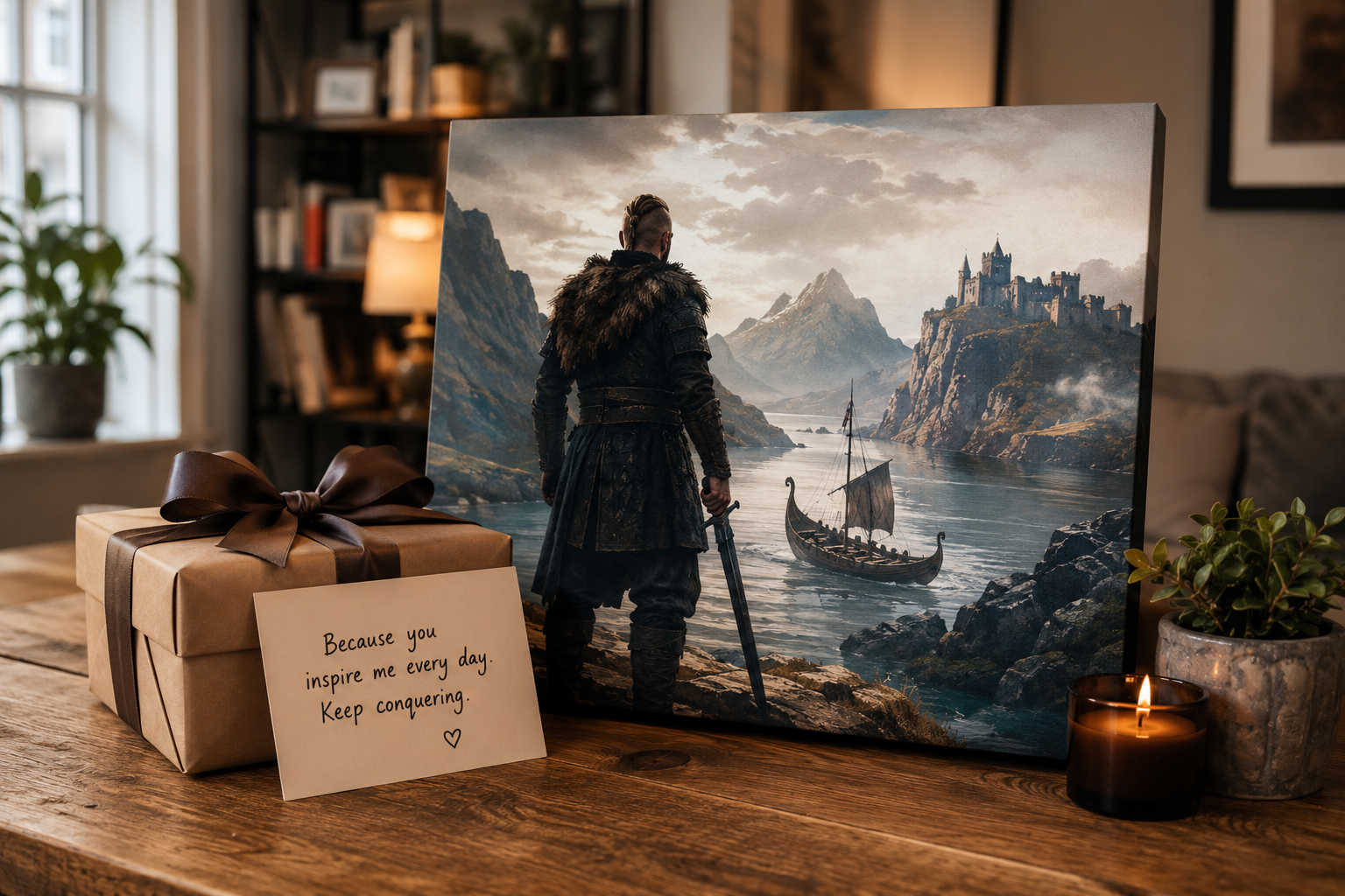 Cozy lifestyle scene featuring a meaningful fantasy canvas print gift on a wooden table, surrounded by a wrapped present, handwritten note, candle, and houseplant in a warmly lit living room interior.
