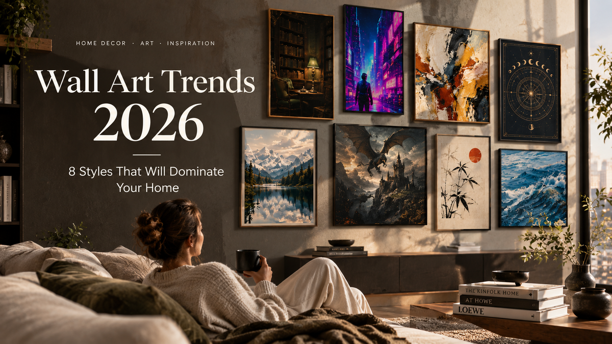 Wall art trends 2026 displayed in a stylish living room with abstract, celestial, nature, fantasy, cyberpunk, and ocean-inspired artwork.