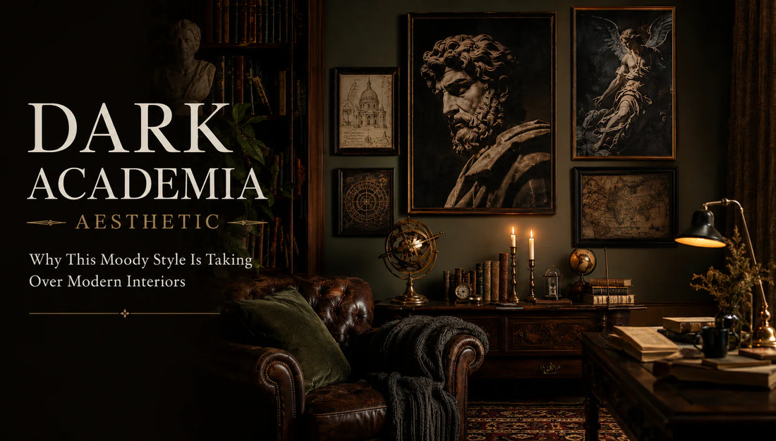 Dark academia interior with vintage leather furniture, candlelight, classical wall art, antique books, and moody warm lighting in a luxurious scholarly study room.