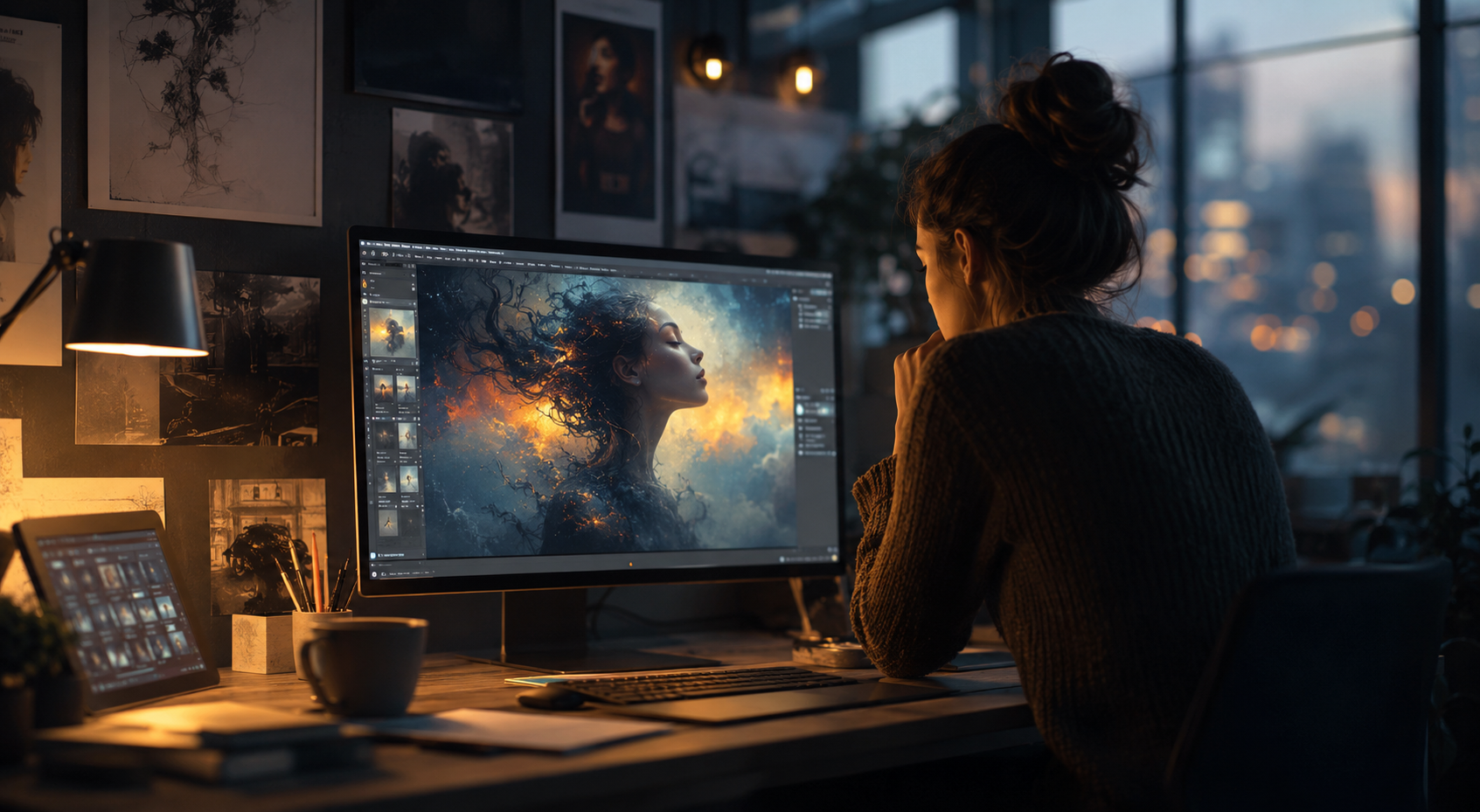 AI artist creating an emotional digital painting on a large monitor in a cozy evening studio — atmospheric AI art workspace with cinematic lighting and a creative mood.