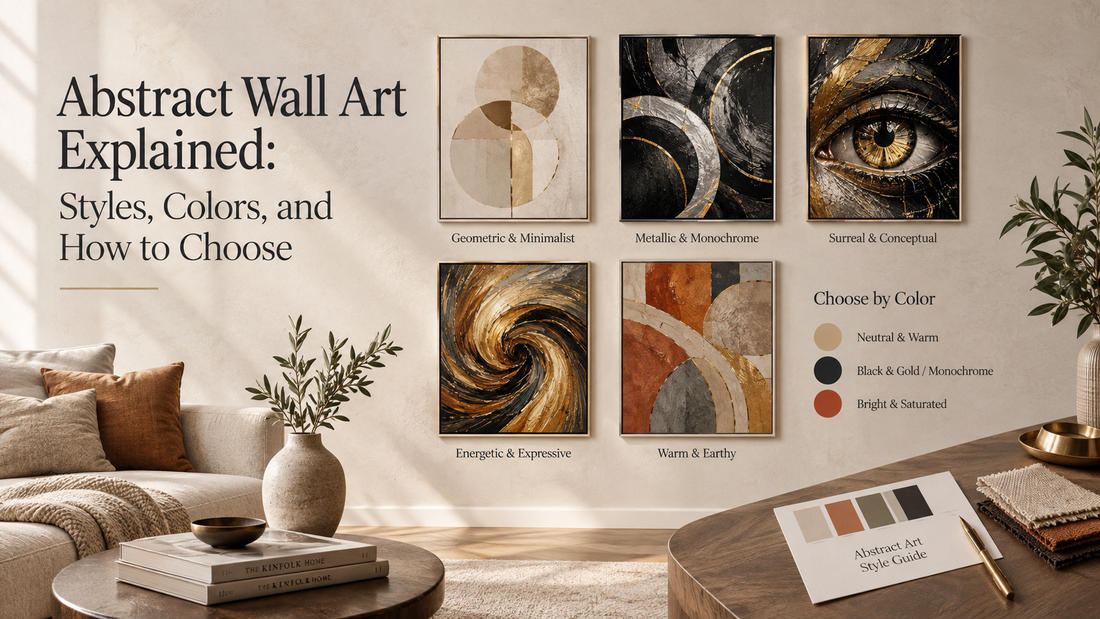 Abstract wall art style guide in a warm minimalist living room, featuring geometric, metallic, surreal, expressive, and earthy abstract artworks with neutral, black, gold, and terracotta color palettes.