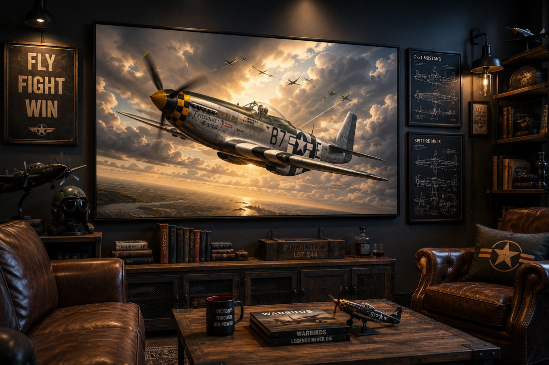 Aviation-themed man cave featuring a large P-51 Mustang warbird canvas print above leather chairs, surrounded by vintage aircraft blueprints, model planes, and industrial décor in warm cinematic lighting.