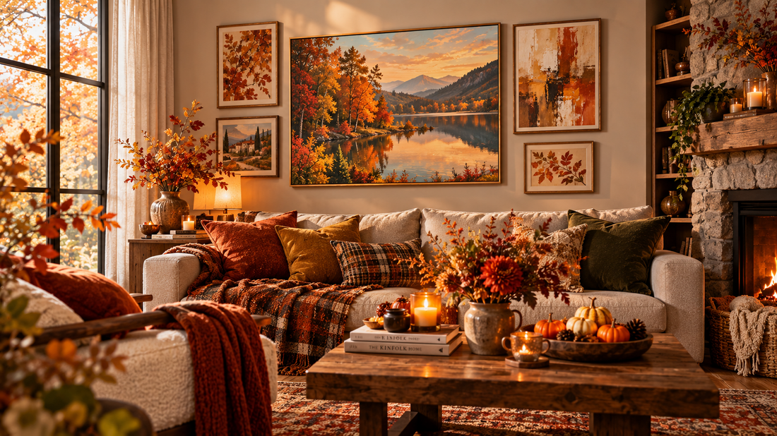 Cozy autumn living room with warm-toned wall art, cream sofa, rust and mustard cushions, candles, pumpkins, fireplace, and golden fall foliage, with “Autumn at Home” text.