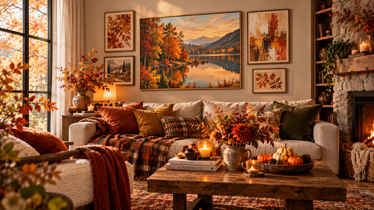 Cozy autumn living room with warm-toned wall art, cream sofa, rust and mustard cushions, candles, pumpkins, fireplace, and golden fall foliage, with “Autumn at Home” text.