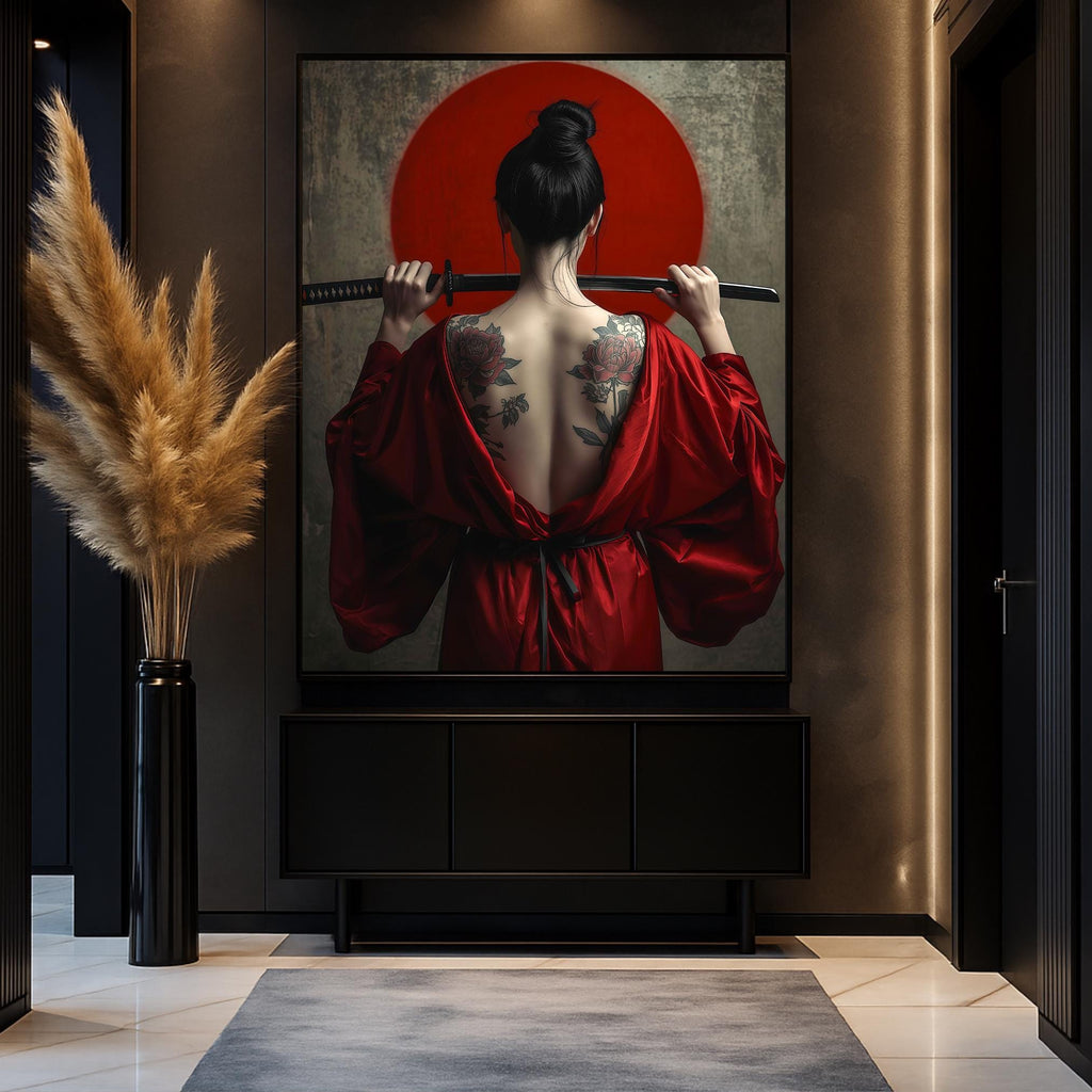 Mysterious female warrior with peony ink art on her back, gripping a katana before a rising sun