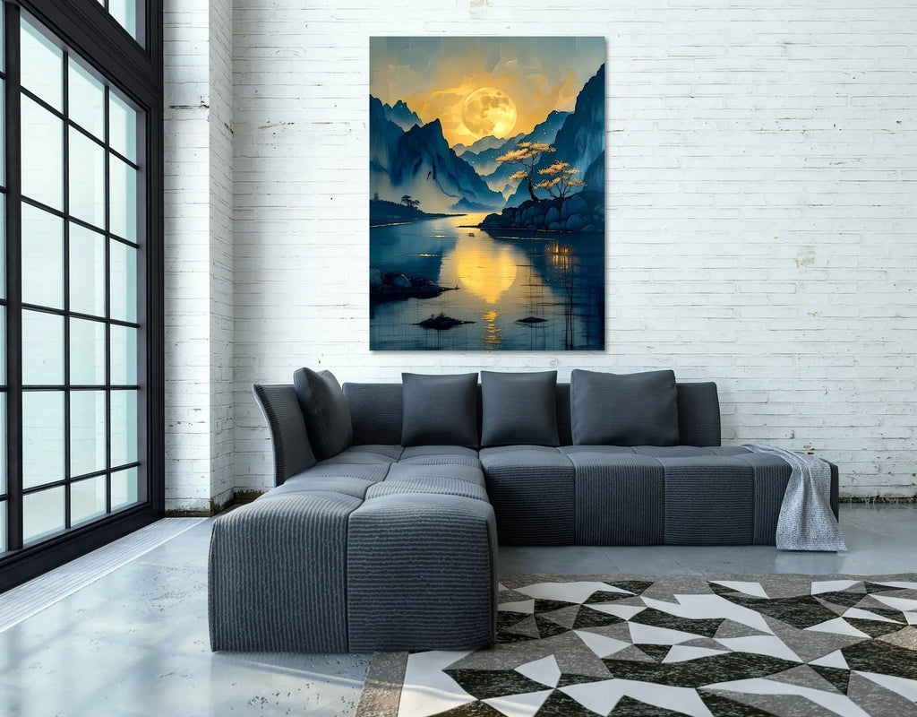 Moonlit Mountain River Canvas Art: Tranquil Asian Landscape Painting - AffinityArts 