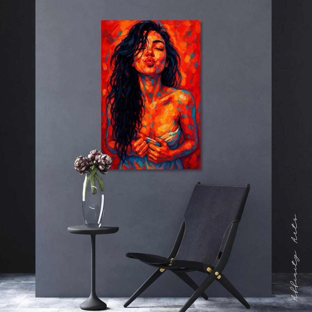 Abstract Kiss Portrait: Vibrant Expressionist Woman Art Print - AffinityArts 