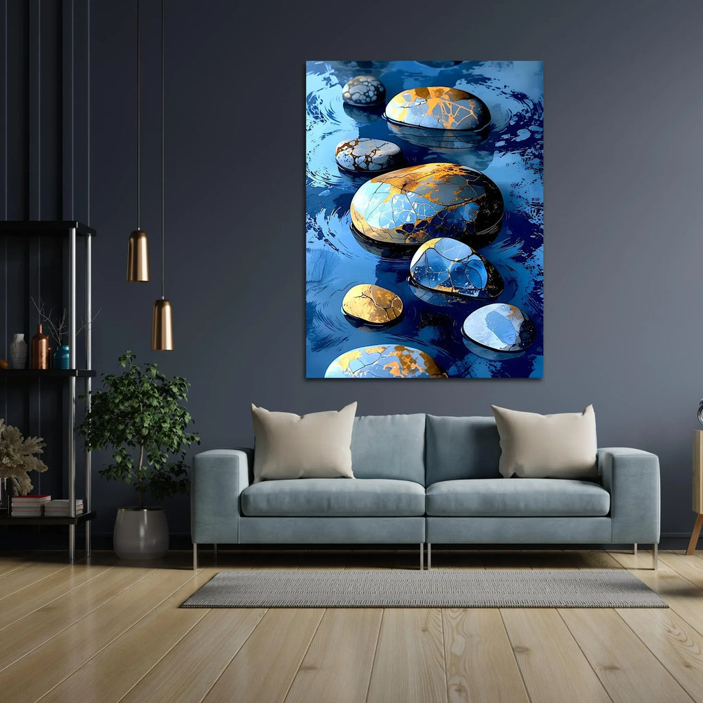 Kintsugi Stone Wall Art - Blue Gold Zen River Rocks Canvas Print - AffinityArts 