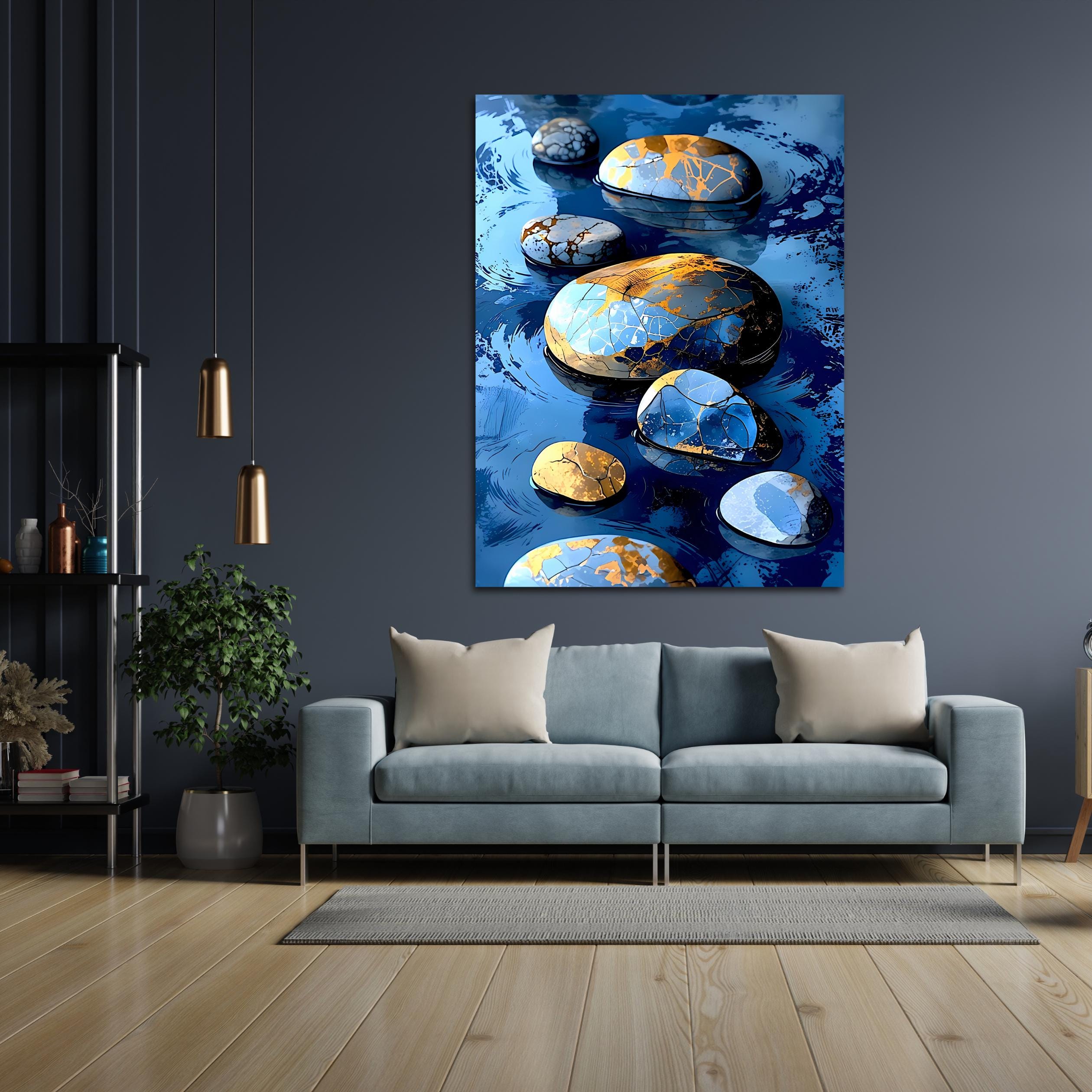 Tranquil arrangement of glossy blue stones accented with luxurious gold veins, gently placed in deep azure water