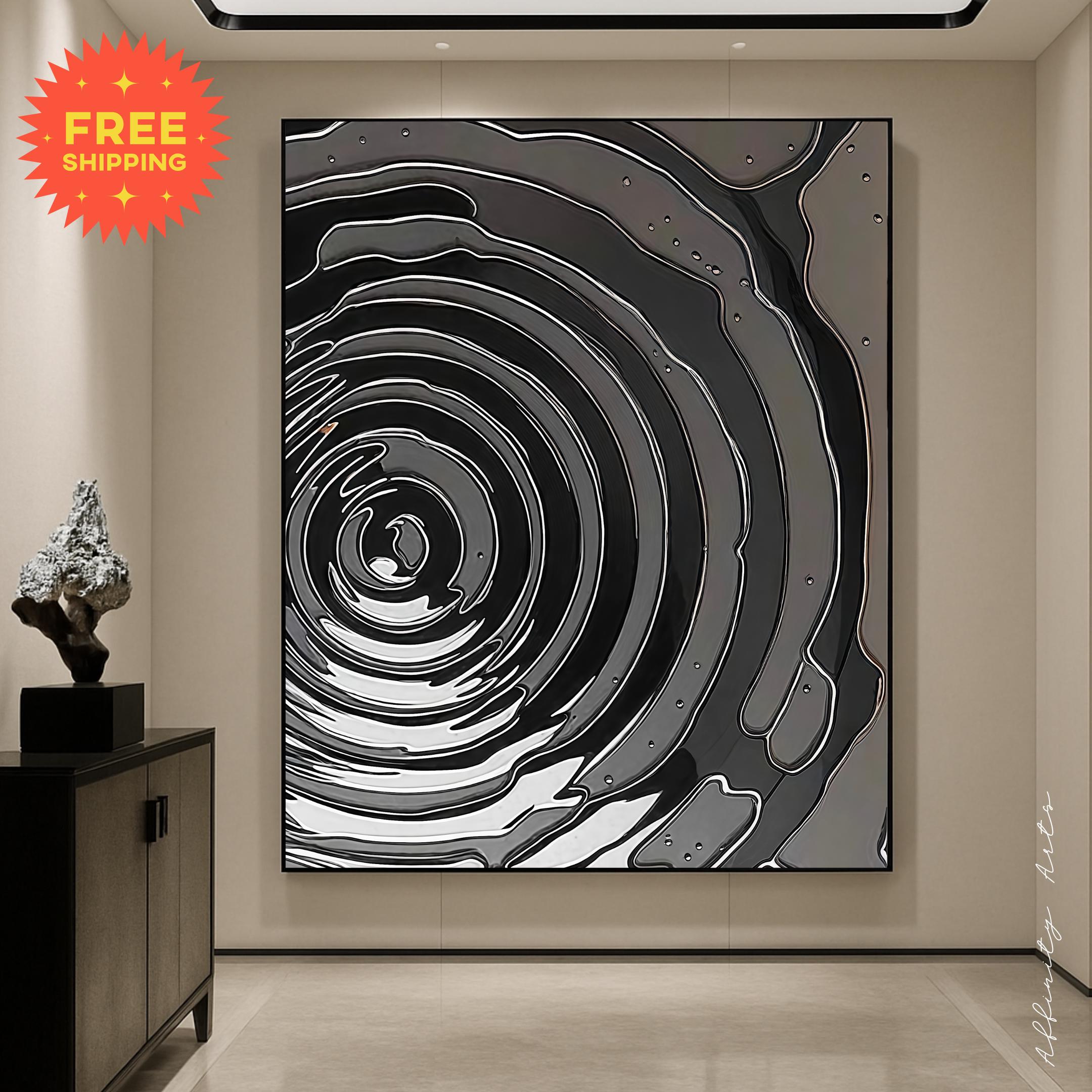 Abstract black and white topographic map with concentric contour lines forming a spiral pattern
