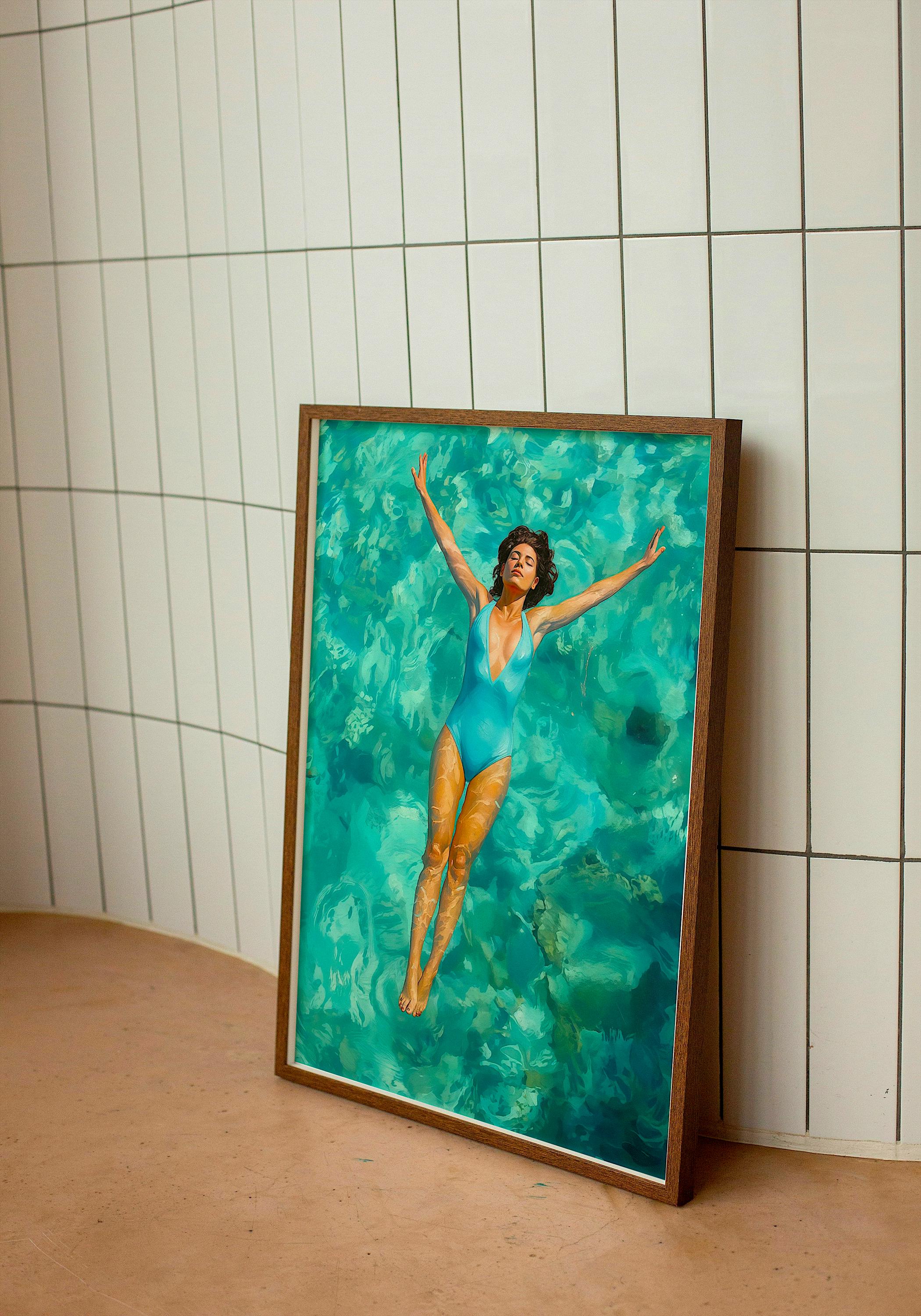 Ethereal swimmer in sapphire one-piece, curly locks fanned out, floating supine in translucent turquoise expanse.