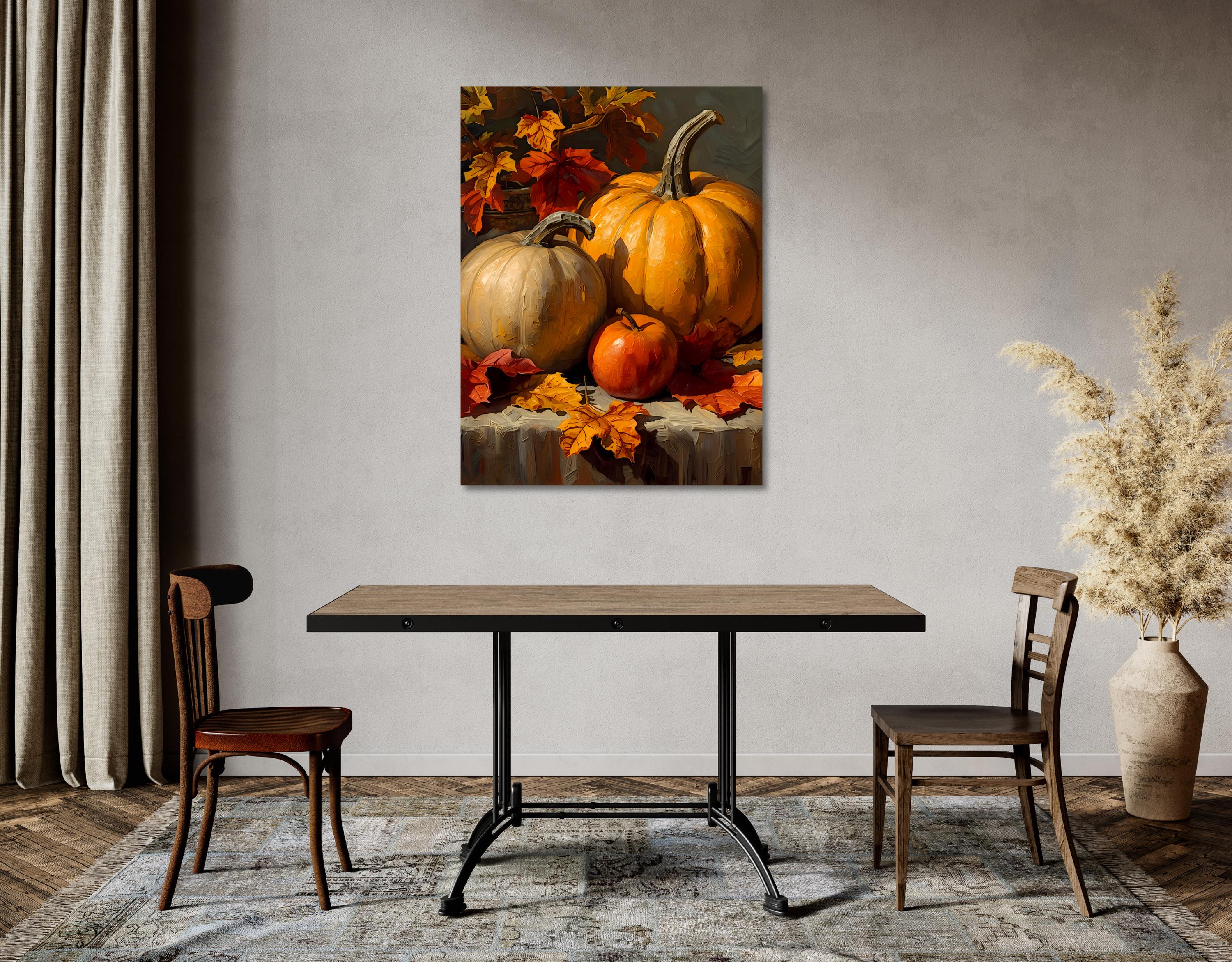 Seasonal autumn decor with pumpkins, apple, and colorful maple leaves on a wooden table.
