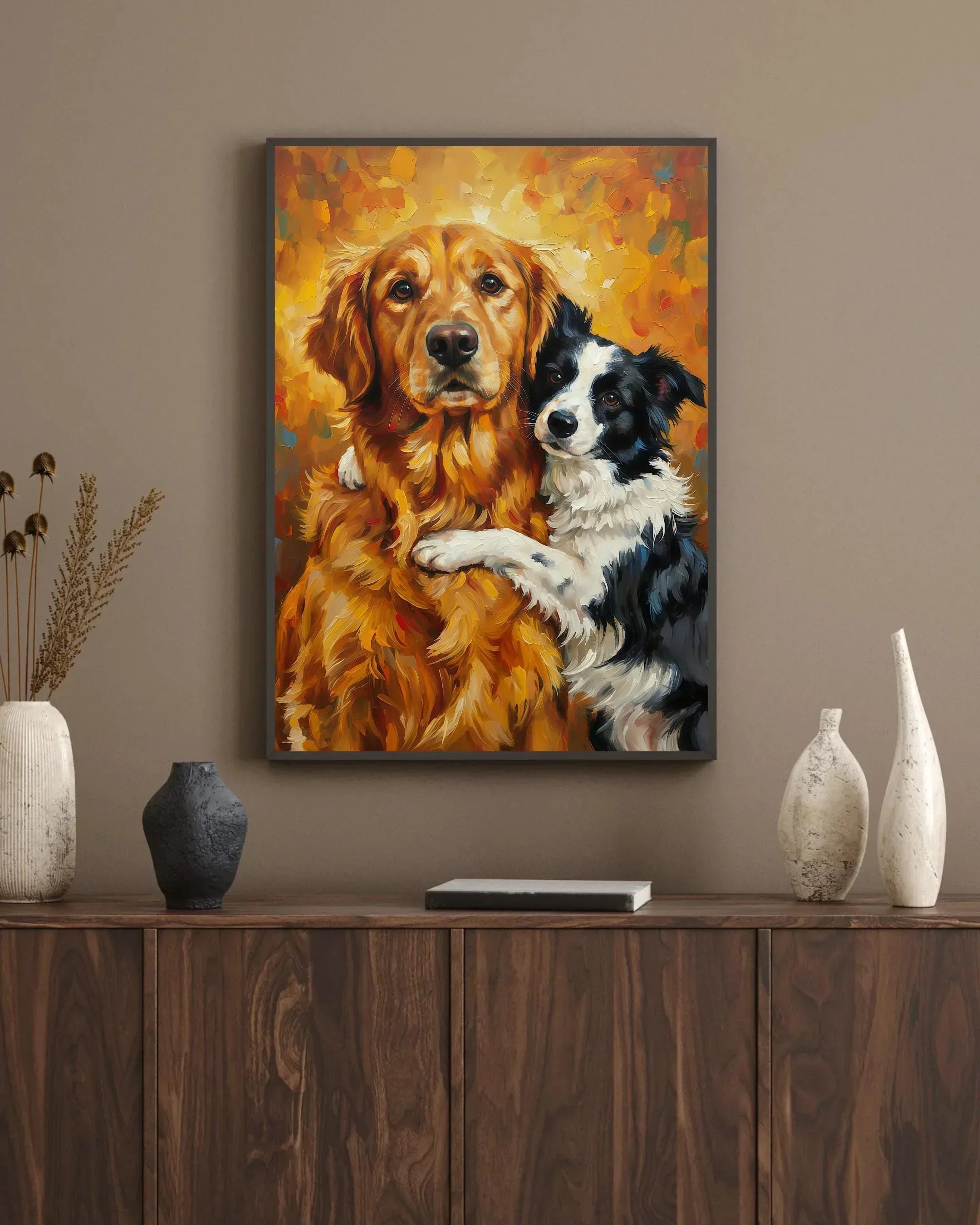 Dog Friendship Art Print | Golden Retriever & Border Collie Hug | Satin Paper Poster - AffinityArts 