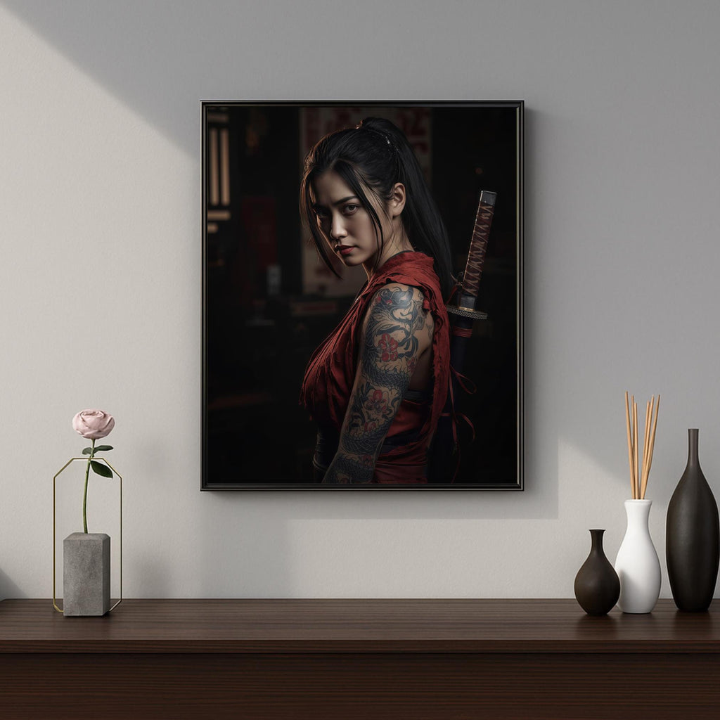 Samurai Woman Poster, Tattooed Female Warrior Wall Art, Japanese Style Print, Premium Paper, Digital Download Available AffinityArts