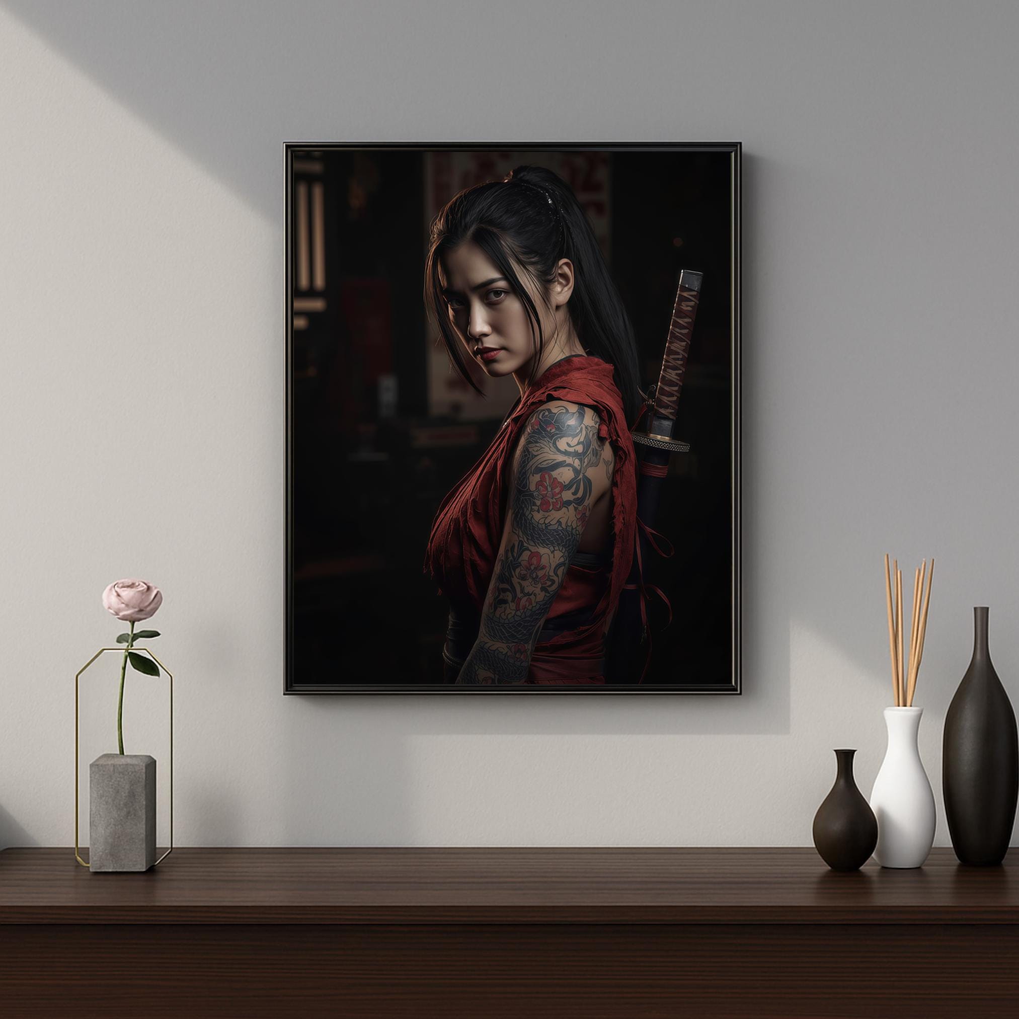 Samurai Woman Poster, Tattooed Female Warrior Wall Art, Japanese Style Print, Premium Paper, Digital Download Available AffinityArts